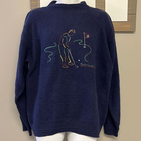 Scottish Isle Men’s Navy Embroidered Golf Crewneck Sweater by Bernette-Lg - Picture 1 of 16